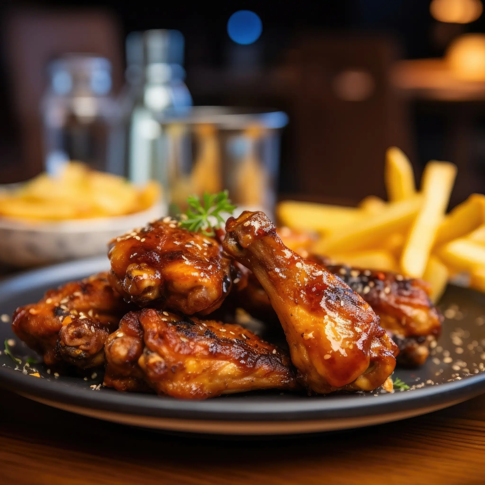 grilled chicken wings with a portion of french fries blurred restaurant in the background grilled chicken wings with a portion of french fries blurred restaurant in the background
